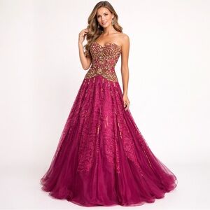 Vintage Beaded Strapless Ball Gown Dress Size 8 Fuchsia Magenta Prom Formal